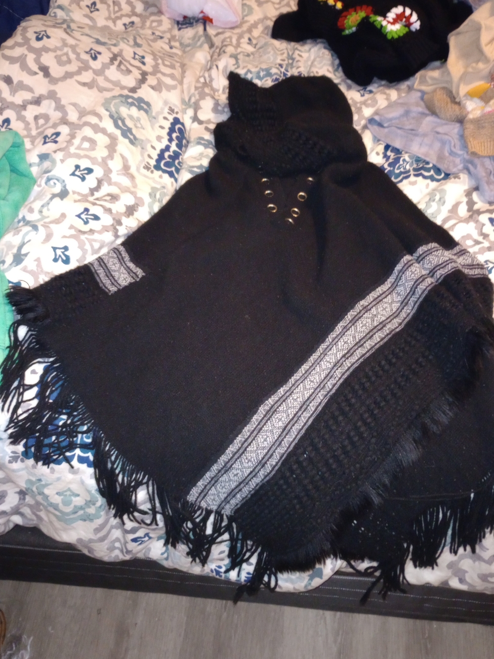 Black Hooded Fringe Poncho Sweater with Patterned Trim